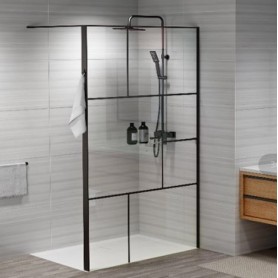 Armal shower wall 80x200 "walk in" black matte profile, transparent glass 6 mm with hook, shelf and black lines