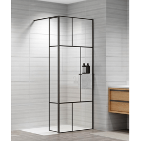 Shower wall 80+30x200 cm "Walk in" black matte profile, transparent glass 6 mm - A