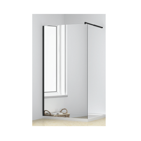 Shower wall 100x200 "Walk in" mirror effect black matte profile, transparent glass 8 mm