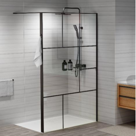 Shower wall 140x200 "Walk in" black lines, black matte profile, transparent glass