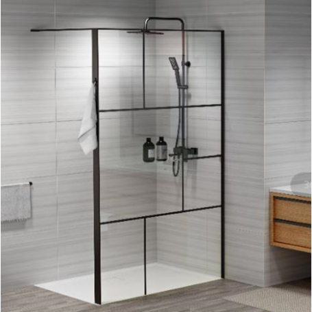 Shower wall 140x200 "Walk in" black lines, black matte profile, transparent glass